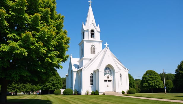 White church amidst verdant landscapes standing solitary against clear skies photo