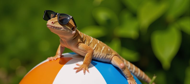 Gecko sporting sunglasses on a tropical beach scene holding a beach ball photo