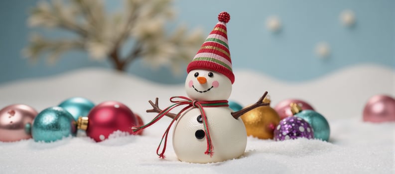 Delightful Snowman Ornament Striped Hat Shiny Baubles Snowy Background Holiday Cheer photo