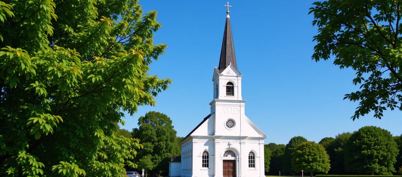 White church amidst verdant landscapes standing solitary against clear skies photo