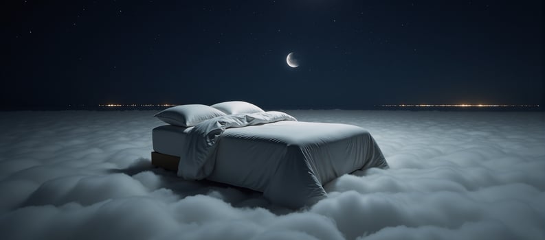 A cozy bed floats peacefully amidst dreamy starry skies and soft clouds photo
