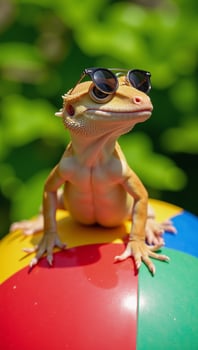 Gecko sporting sunglasses on a tropical beach scene holding a beach ball photo