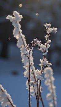 Snowcovered plant stems surrounded by a background featuring a bokeh effect from reflected light photo