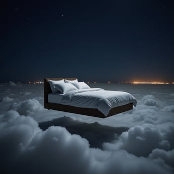A cozy bed floats peacefully amidst dreamy starry skies and soft clouds photo