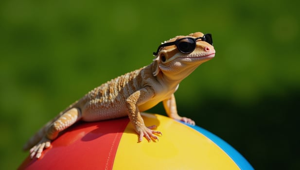 Gecko sporting sunglasses on a tropical beach scene holding a beach ball photo