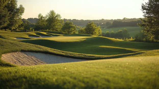 A serene golf course at sunset, showcasing lush greens and sandy bunkers in a tranquil setting photo