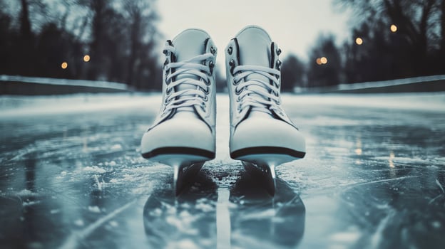 Skater lacing up classic white ice skates on a frozen outdoor rink at sunset photo