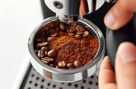 Brewing a fresh espresso shot with coffee grounds and beans in a modern coffee machine photo