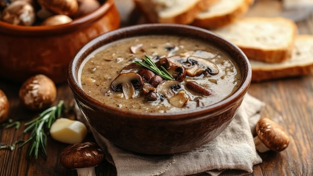 Creamy mushroom soup served with crusty bread and garnished with fresh herbs on a wooden table photo