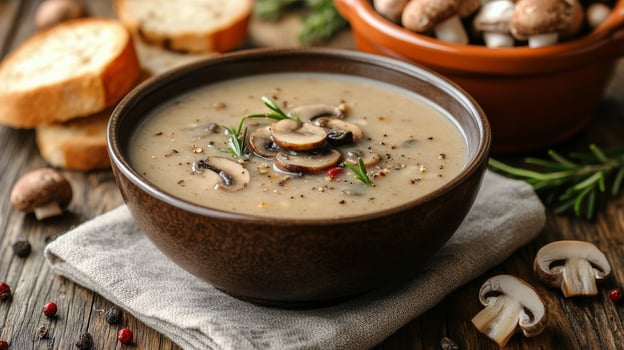 Creamy mushroom soup served with crusty bread and garnished with fresh herbs on a wooden table photo