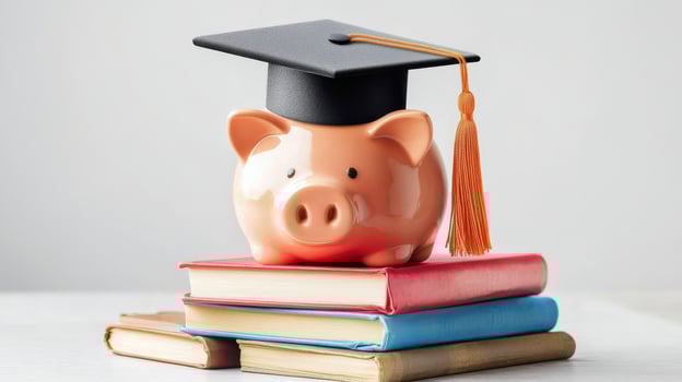 A graduation cap atop a piggy bank sitting on stacked vintage books on a wooden table photo