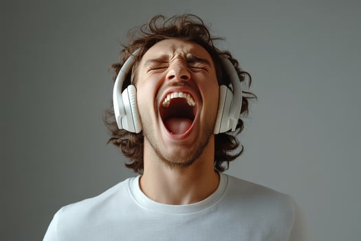 Man passionately expressing joy while listening to music with headphones in a dimly lit setting photo