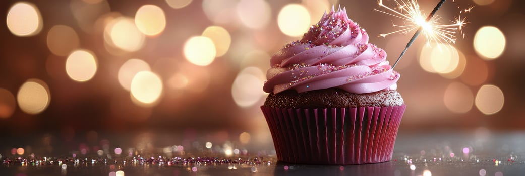 Delicious chocolate cupcake topped with pink frosting and sparkling candle on a festive background photo
