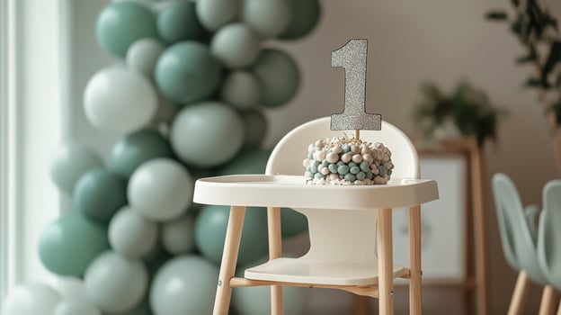 Silver number one balloon on a high chair in a softly decorated birthday backdrop photo