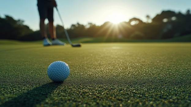 A golfer prepares to putt as the sun sets over the green at a beautiful golf course photo