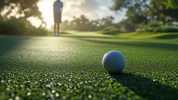 A golfer prepares to putt as the sun sets over the green at a beautiful golf course photo