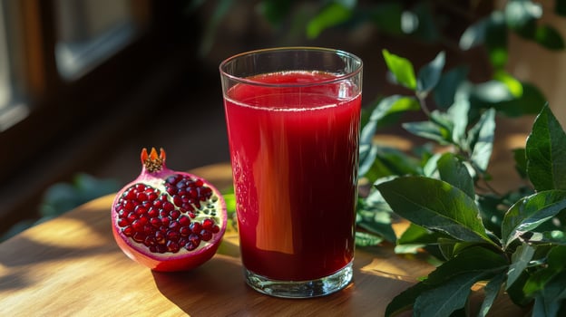 Refreshing pomegranate juice served in a glass with fresh fruit in a lush setting photo