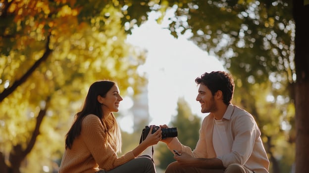 Couple enjoying a joyful moment together in a sunny park surrounded by colorful autumn leaves photo