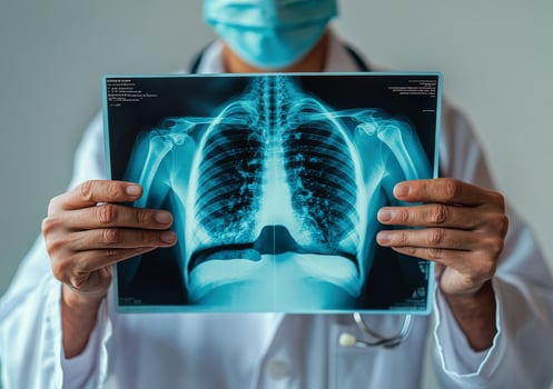 Experienced doctor holding a chest X ray in a clinical setting during daytime examination photo