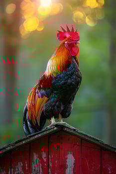 Colorful rooster perched on barn roof at sunset A vibrant rooster stands proudly on a rustic barn roof, glowing in the warm light of the setting sun in a peaceful countryside. photo