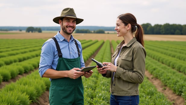 Farmer smiles before female agronomist with modern farming tech in stock illustration photo