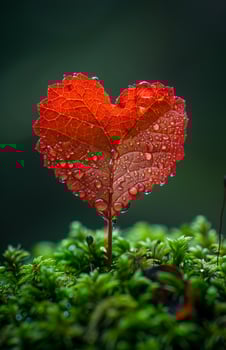 Heart-shaped leaf with dew at dawn A striking heart-shaped red leaf stands tall atop lush green moss, glistening with morning dew in a serene setting. photo