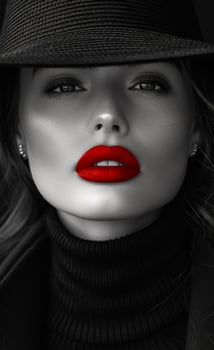Chic woman in a hat with red lips A woman poses elegantly, showcasing striking red lips and a chic hat, captured in a monochrome portrait emphasizing her features. photo
