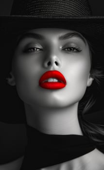 Striking portrait of a woman with red lips and hat A woman poses elegantly with bold red lips, wearing a stylish black hat, showcasing a modern and dramatic beauty aesthetic. photo