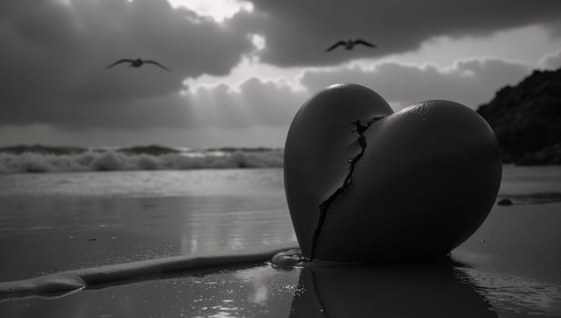 Heart shattered against a backdrop of darkness and stormy seas on the beach at night photo
