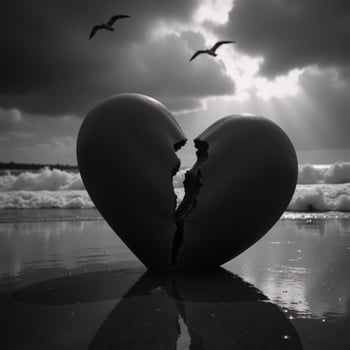 Heart shattered against a backdrop of darkness and stormy seas on the beach at night photo