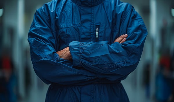 Person in blue jacket stands indoors A person in a blue jacket stands indoors with arms crossed, exuding a sense of calmness or contemplation in a quiet environment. photo