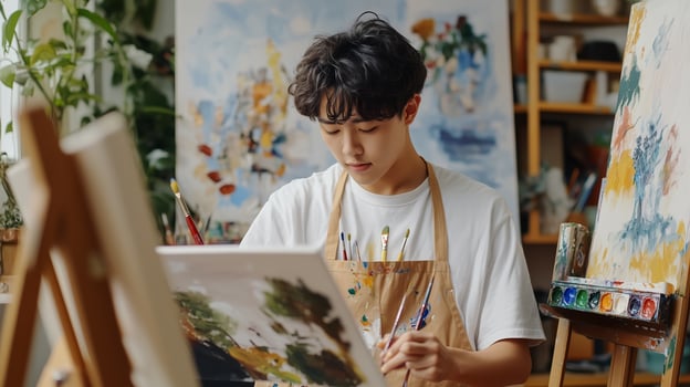 Young artist painting a colorful landscape in a bright studio filled with plants and artwork during daylight hours photo