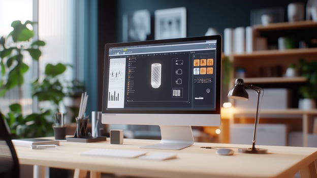 Modern workspace with a sleek computer setup showcasing data analytics in a bright, plant-filled office environment photo