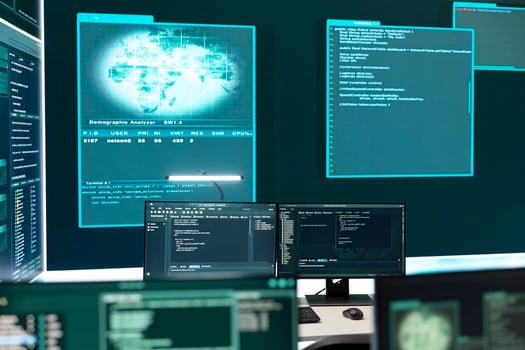 Empty cyber operations center for governmental hacking and threat detection. Equipped with technology for monitoring cyber threats, cybercrime, and safeguarding digital information. photo