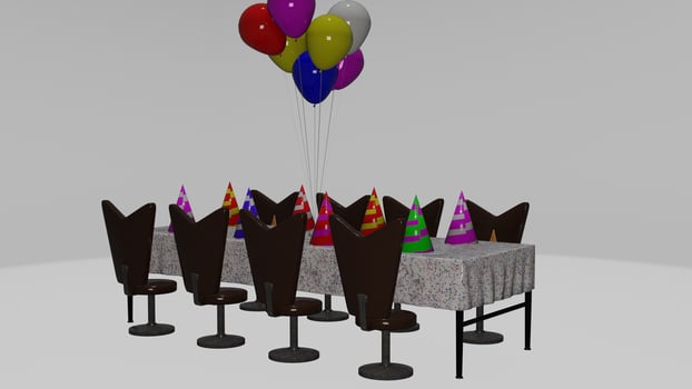 A table with balloons and chairs photo