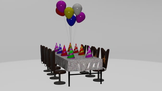 A table with balloons and party hats photo