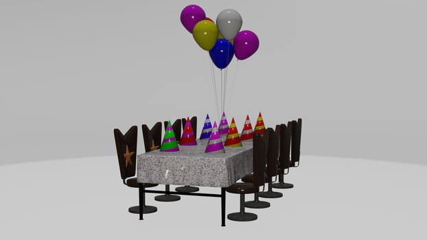A table with balloons and a birthday hat photo