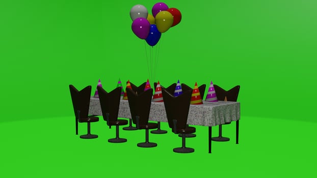 A table with balloons and chairs on a green screen photo