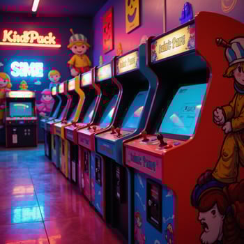 Nostalgic arcade room illustrated with retro gaming cabinets neonlit floors pixelated game character murals photo