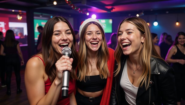 Young women celebrating with holidaythemed karaoke at a lively nightclub photo