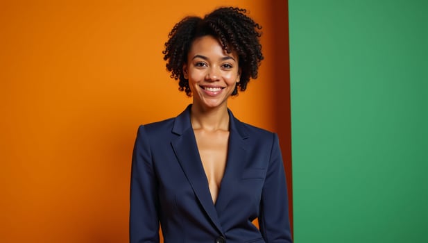 A young businesswoman with an Afro wears office attire against a background of warm orange and cool green photo