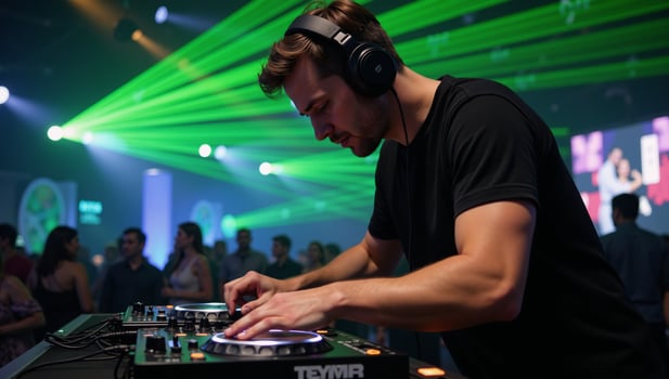 Illustration DJ playing music at a nightclub bathed in laser light show photo