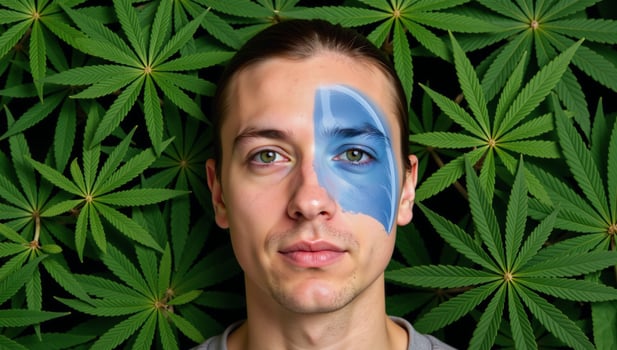 Mental illustration highlights health hazards like anaphylaxis and lung disease from marijuana smoking while showcasing its impact on cognitive functions photo