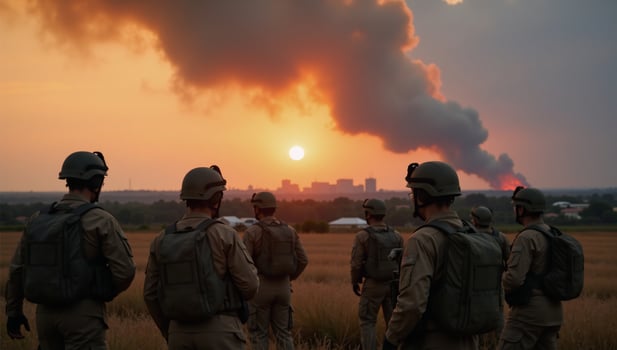 Illustration depicts military figures in protective gear on smoky battlefield under sunset sky during summer photo