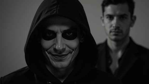 A Halloweeninspired image features a darkened setting with a hooded dangerous criminal lurking menacingly photo