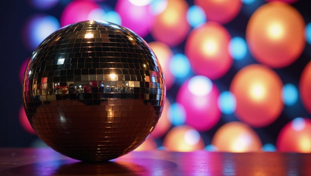 Glowing disco ball surrounded by colorful bokeh lights photo