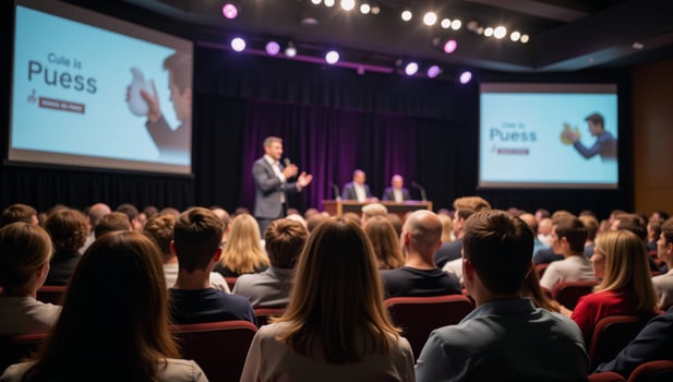 Motivational speech at a conference event featuring an inspiring leader and vivid imagery photo