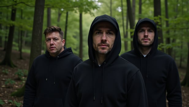 Three cloaked figures stand within a forest photo