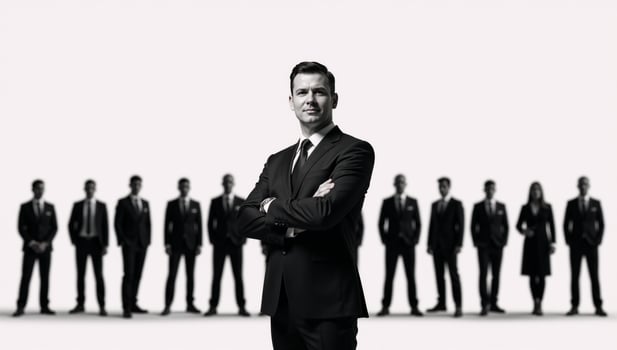 Professional man depicted with silhouetted coworkers symbolizing corporate leadership and unity photo