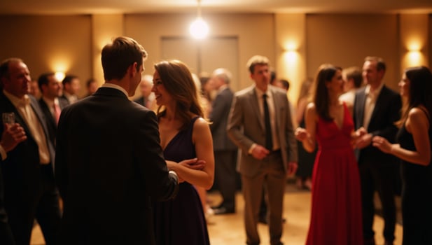 Party scene People in formal wear dancing against a blurred backdrop illuminated by golden lights and a bokeh effect photo